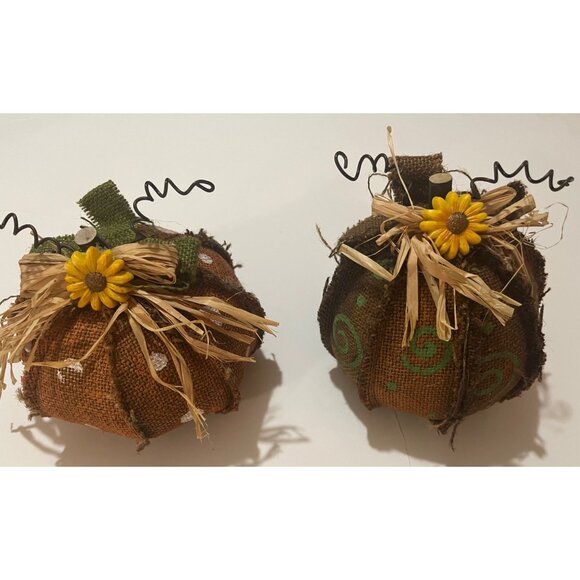 Fall Burlap Pumpkins Set Of 2 With Sunflower & Raffia Accents - Picture 1 of 7
